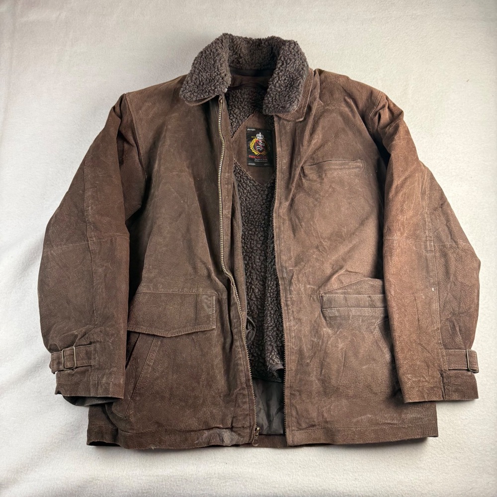 Prestige Leather Mens Brown Suede Faux Shearling Lined Jacket Full Zip Buckle